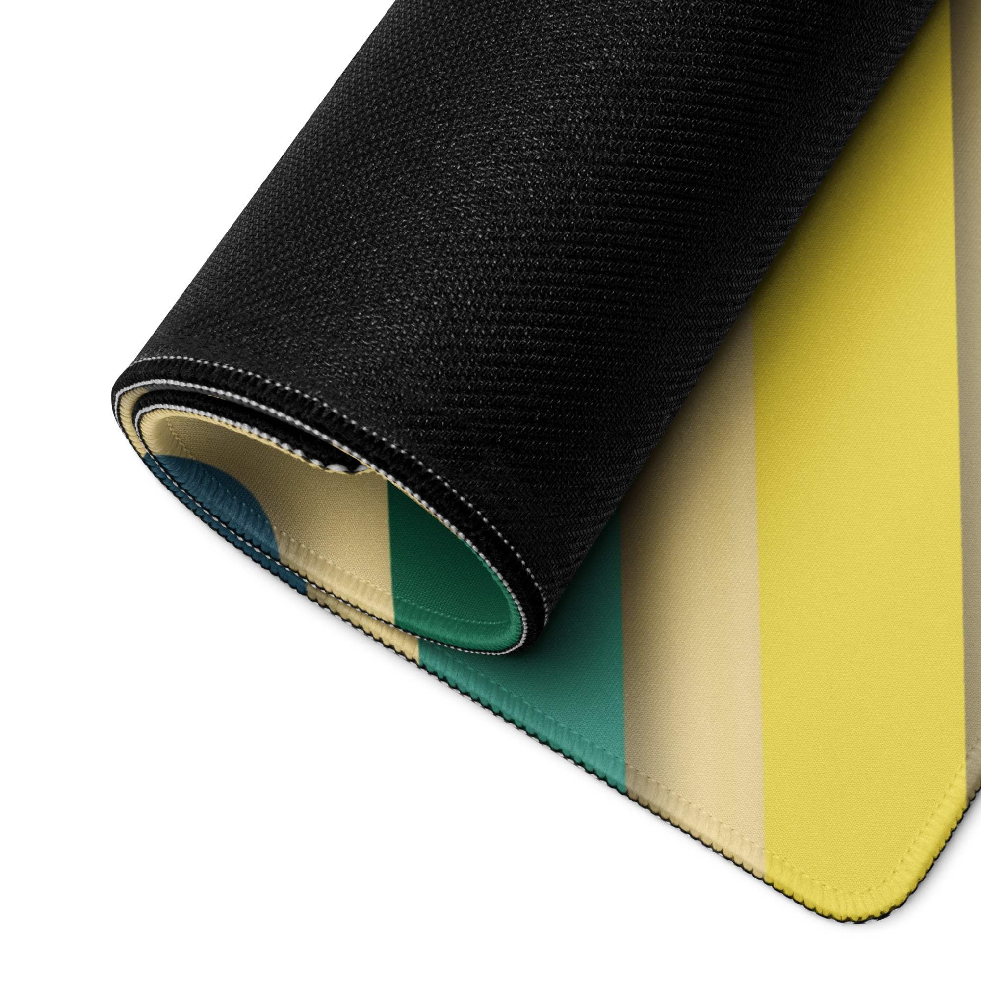 Rolled bold geometric rug with yellow teal cream stripes black texture gaming mouse pad