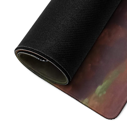 Black textured gaming mousepad with rolled edge, artistic rural village landscape