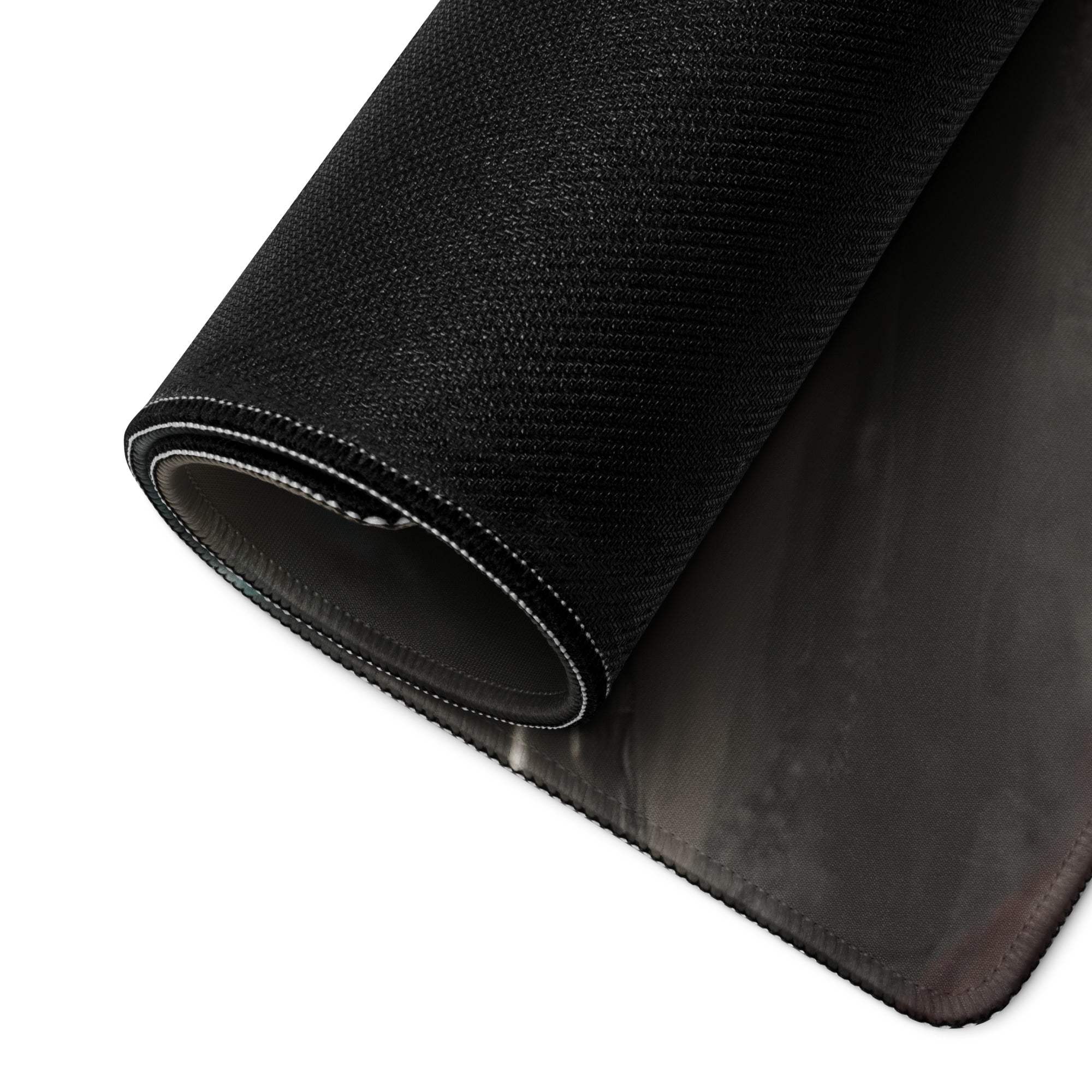 Epic Dark Fantasy Battle Scene gaming mouse pad backside with black textured fabric, stitched edges, smooth dark underside and non-slip surface