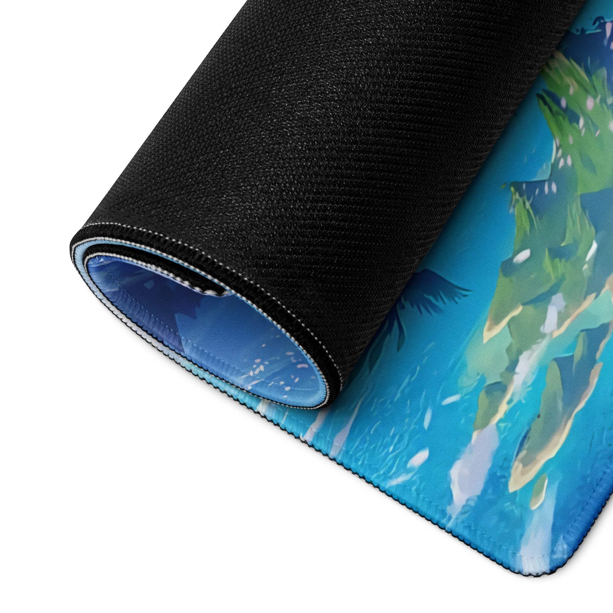 Rolled-up gaming mousepad back with black textured fabric