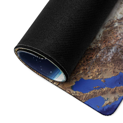 Black rolled-up Stellar Earth From Space gaming mousepad with map design