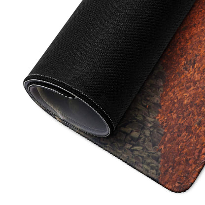 Black textured gaming mousepad with orange gray stone design and rolled edge