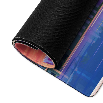Rolled-up Sunset Cityscape gaming mouse pad with blue purple design