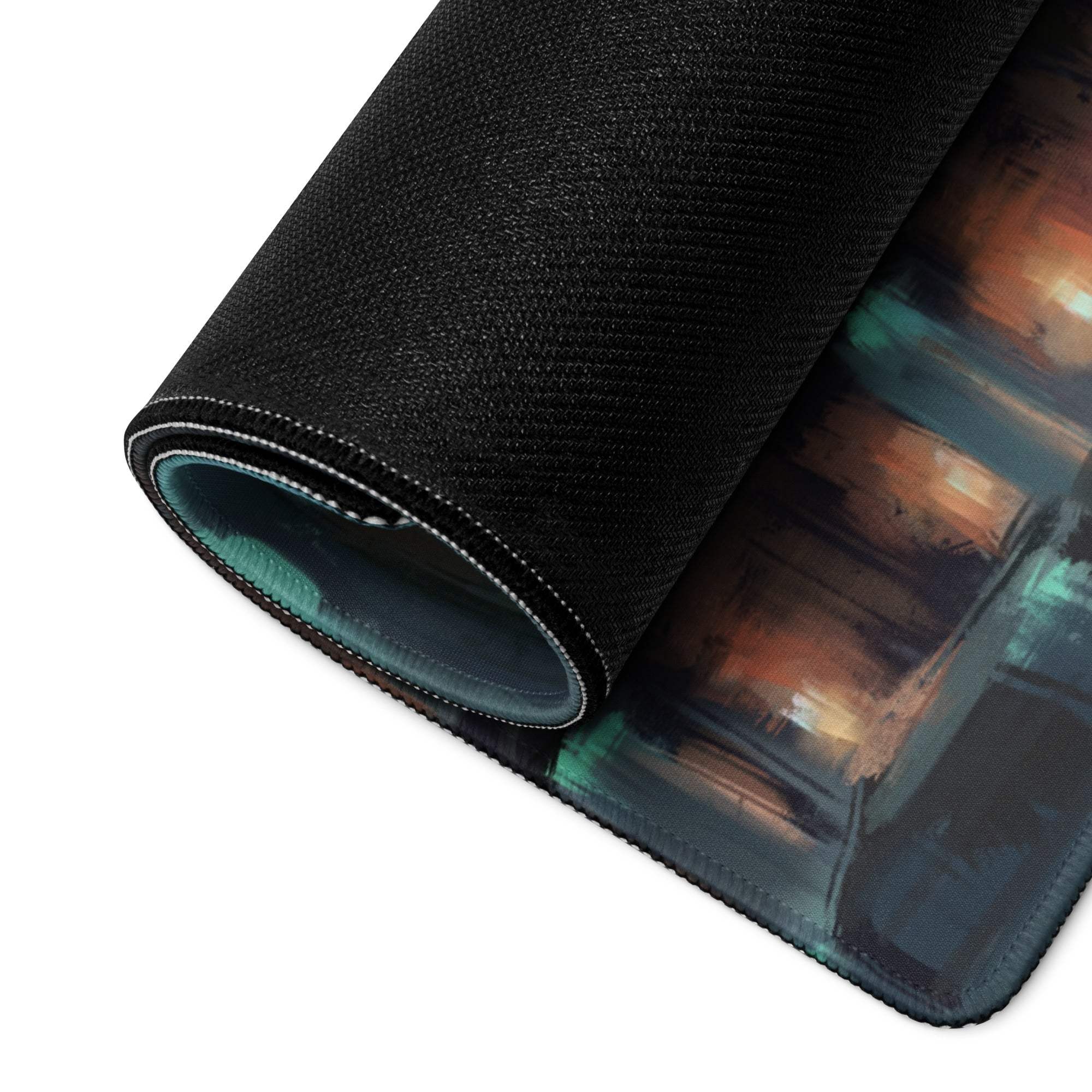 Black textured gaming mousepad with moody gothic fantasy city night scene in orange teal tones