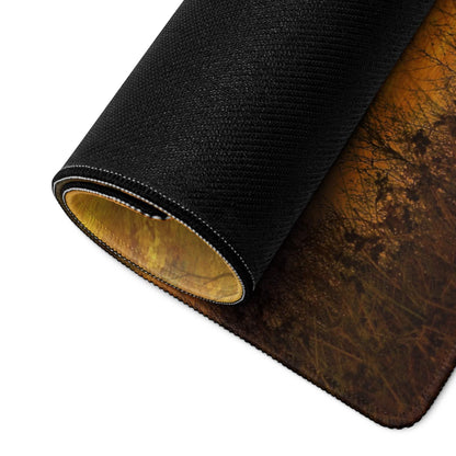 Black textured gaming mousepad with rolled edge and orange brown forest scene