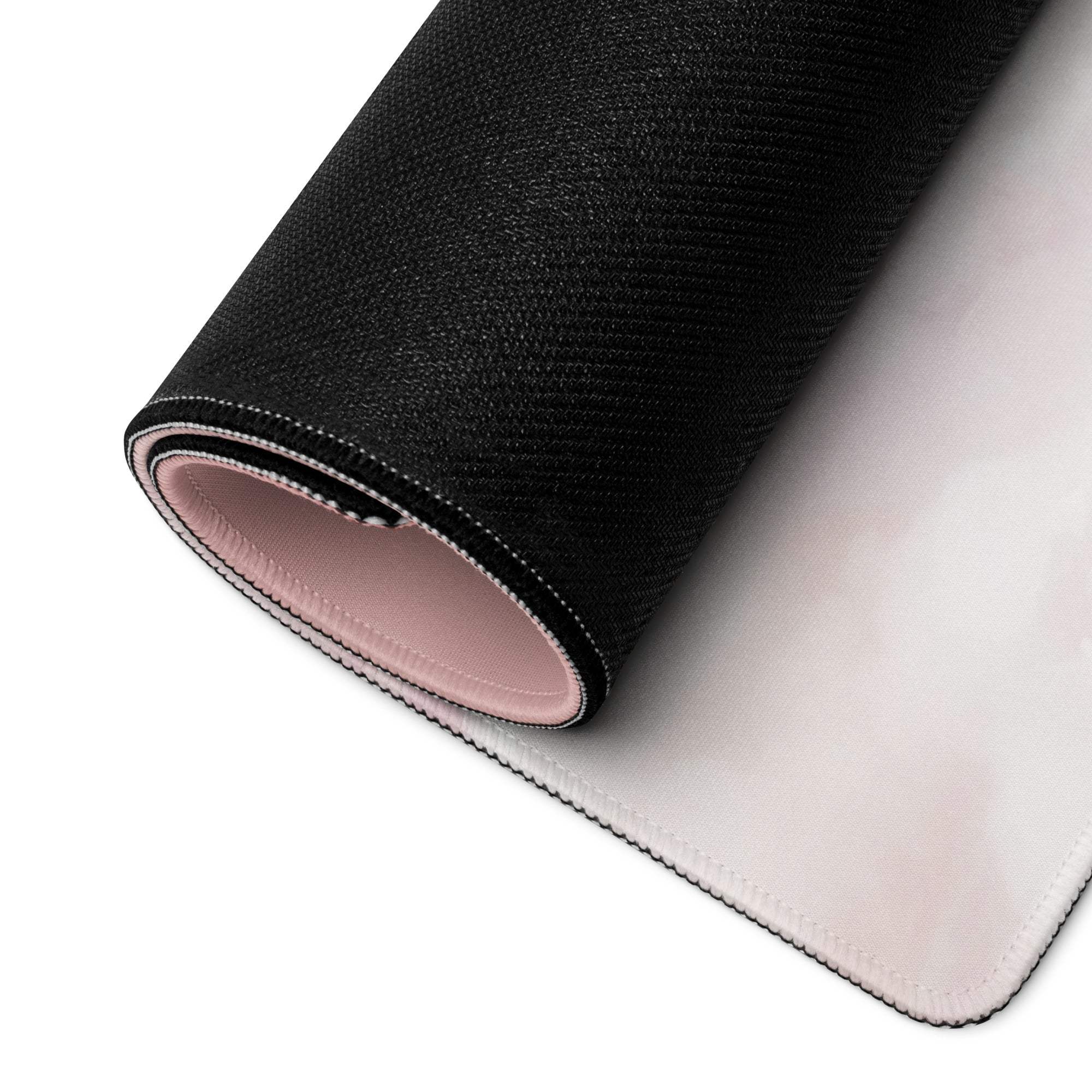 Dreamy pink sky pagoda on clouds large gaming mouse pad black textured top stitched edges