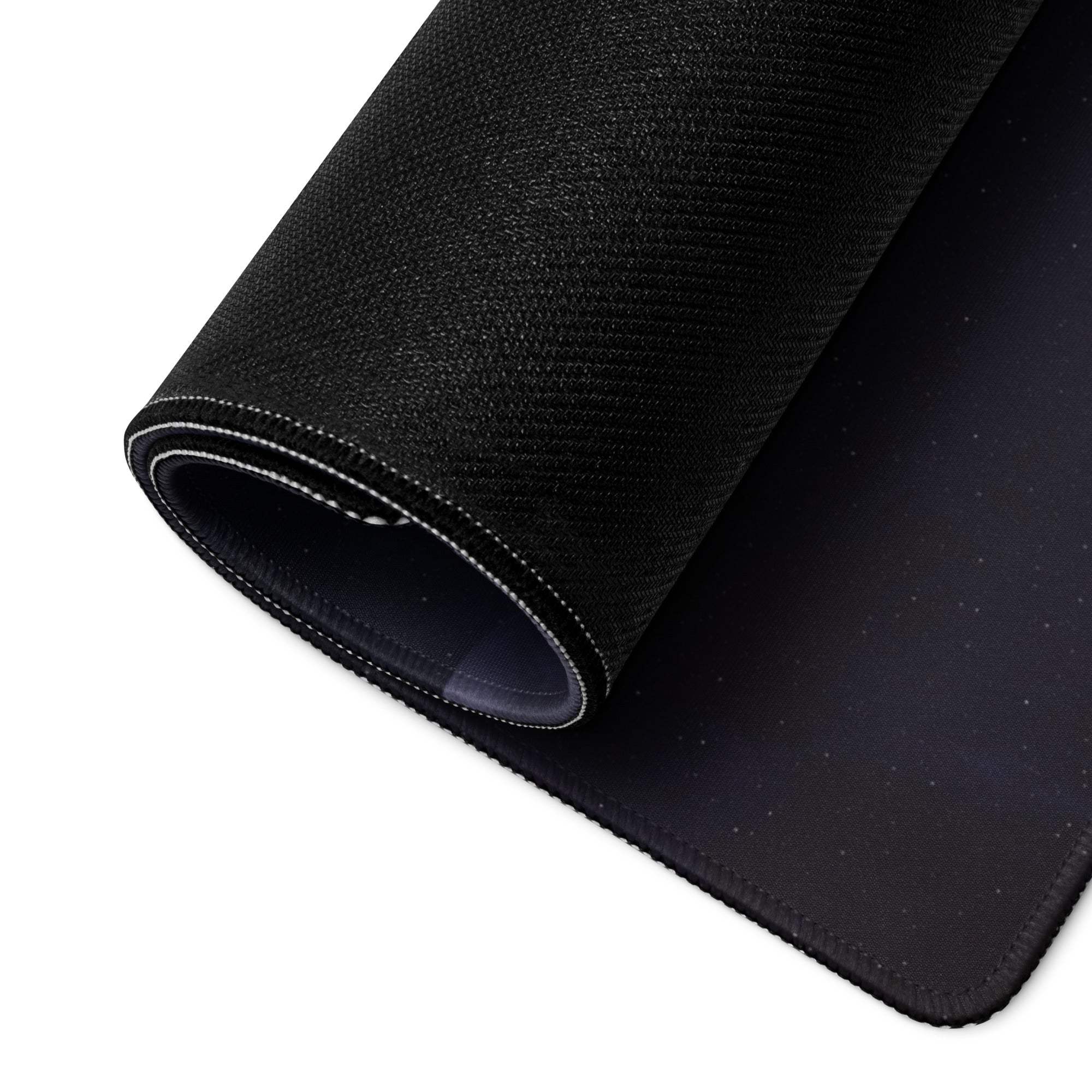 Black textured starry mousepad with stitched edges and epic space Earth design