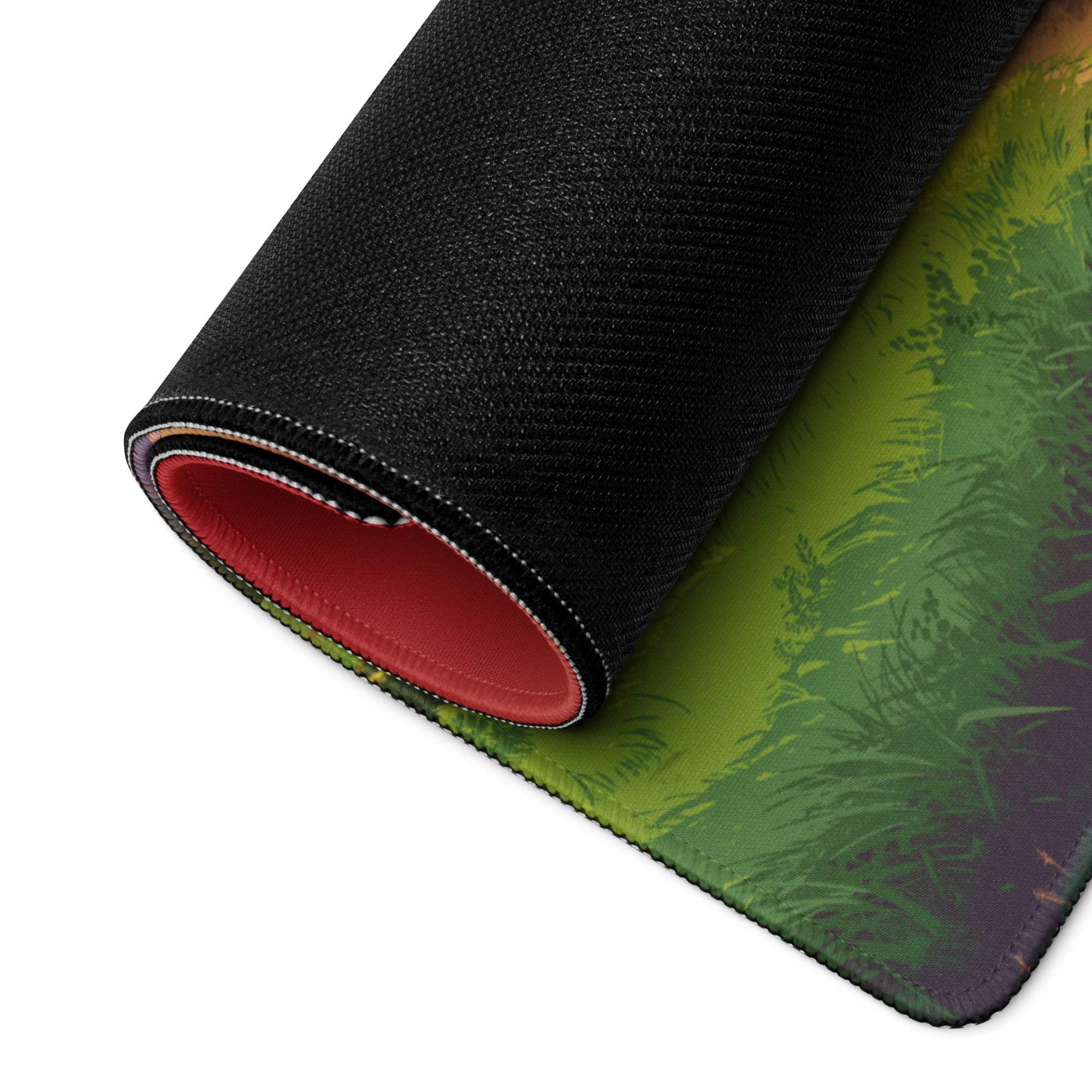 Black and green forest gaming mousepad with red lining and stitched edges