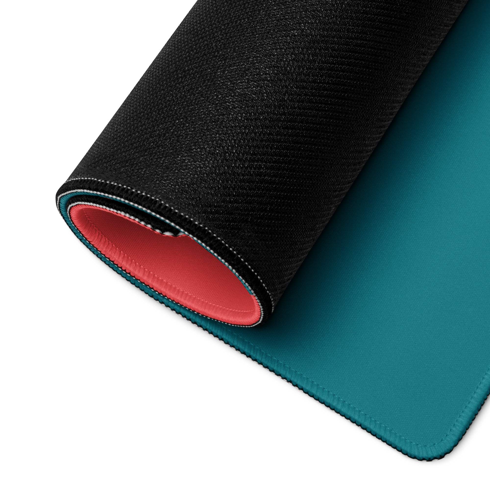Teal black geometric gaming mousepad with red lining stitched edges
