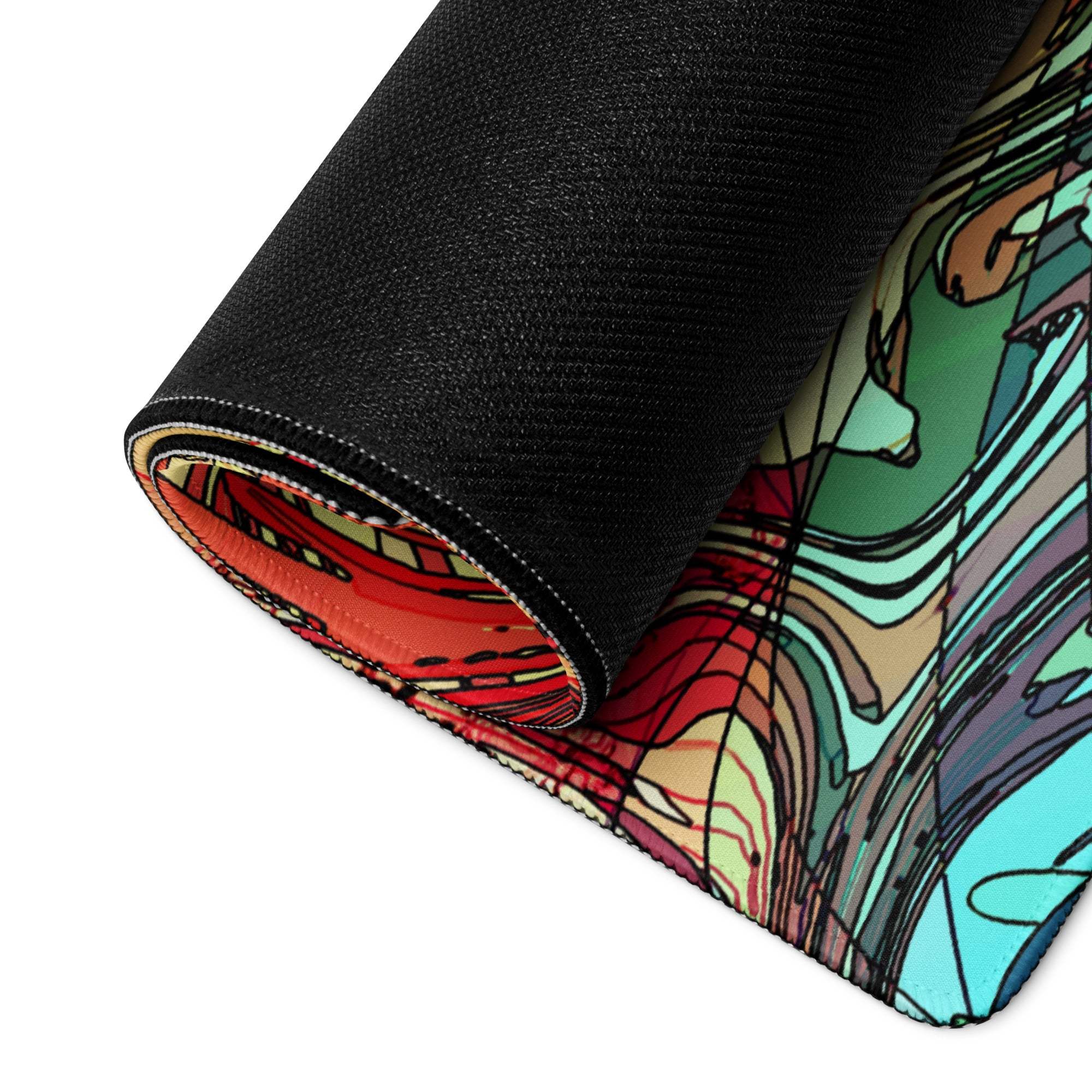 Vibrant abstract swirl colorful gaming mouse pad rolled up with non-slip base