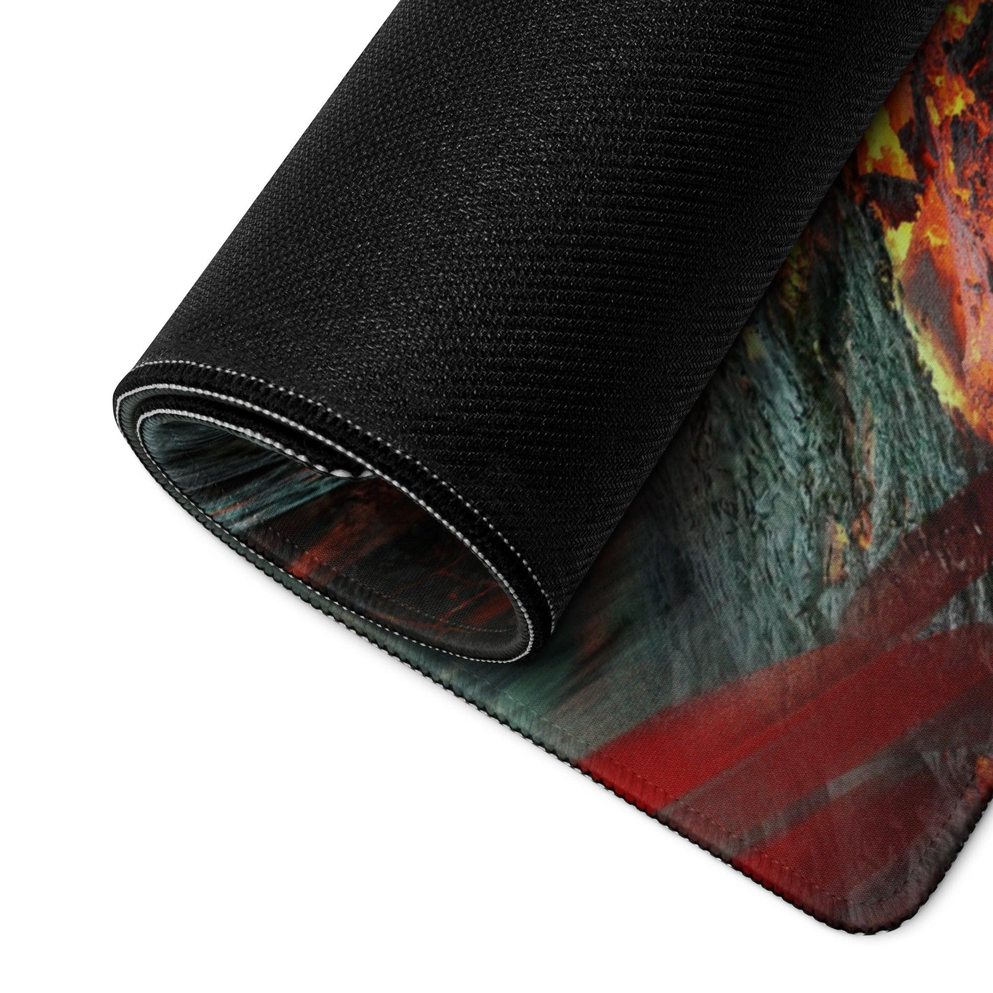Volcanic Dragon Fury black textured gaming mousepad with fiery flames