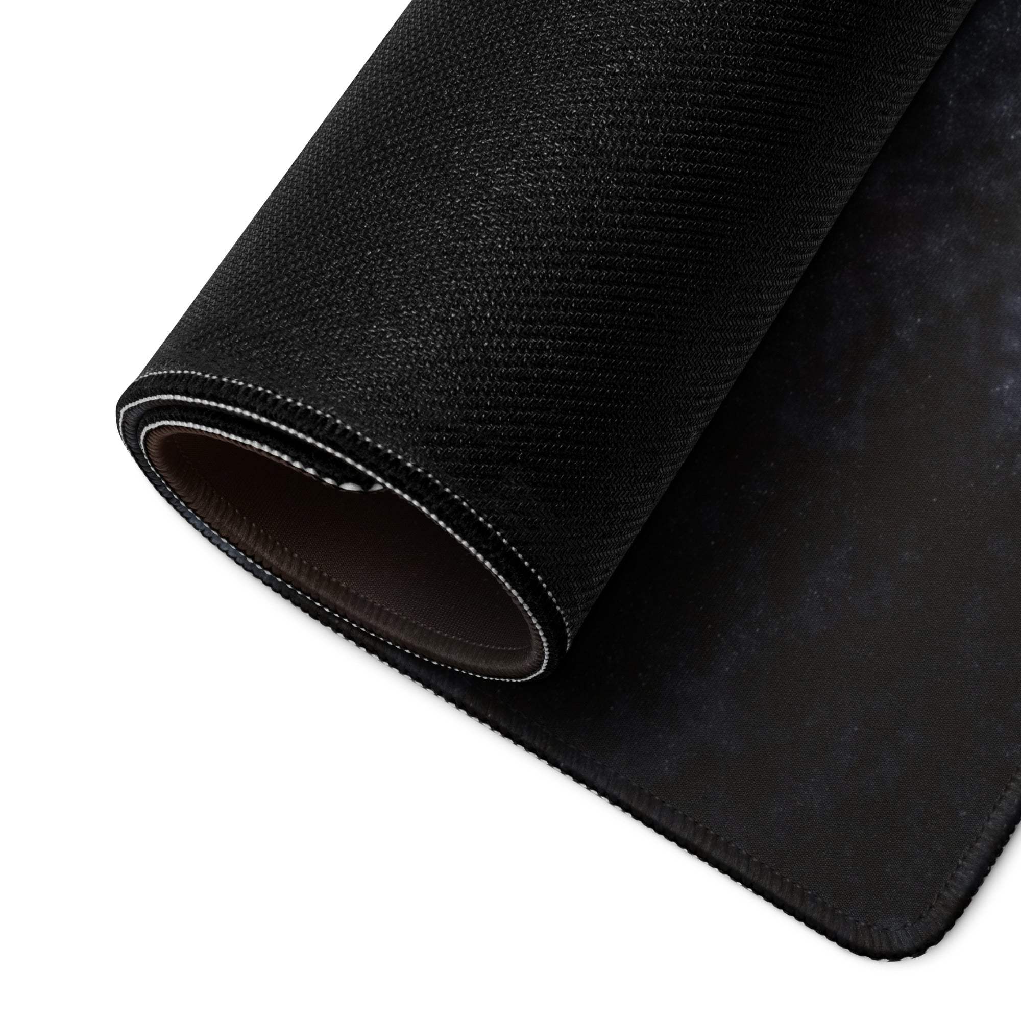 Black textured Cosmic Solar Flare gaming mousepad with sheen, edges