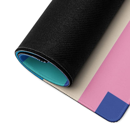 Rolled-up abstract geometric gaming mouse pad with pink blue beige blocks