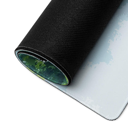 Back of Tranquil Waterfall gaming mouse pad with black textured underside and green forest design