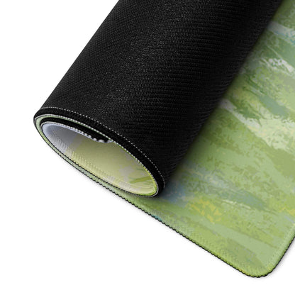 Rolled-up green landscape gaming mousepad with non-slip backing and stitched edges