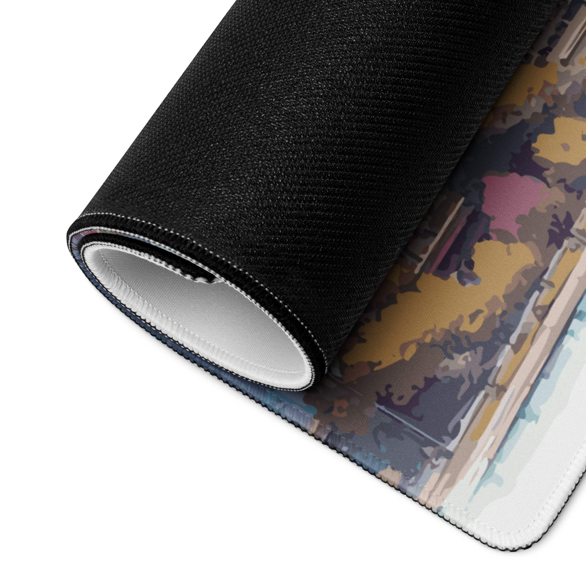 Rolled-up vibrant urban skyline gaming mouse pad with stitched edges