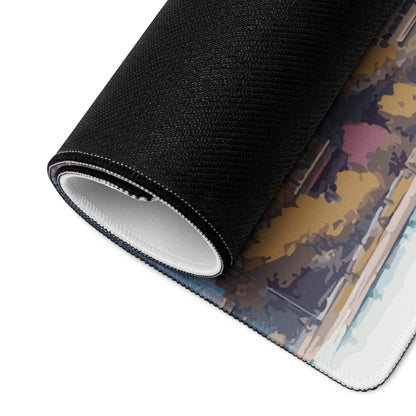 Rolled-up vibrant urban skyline gaming mouse pad with stitched edges