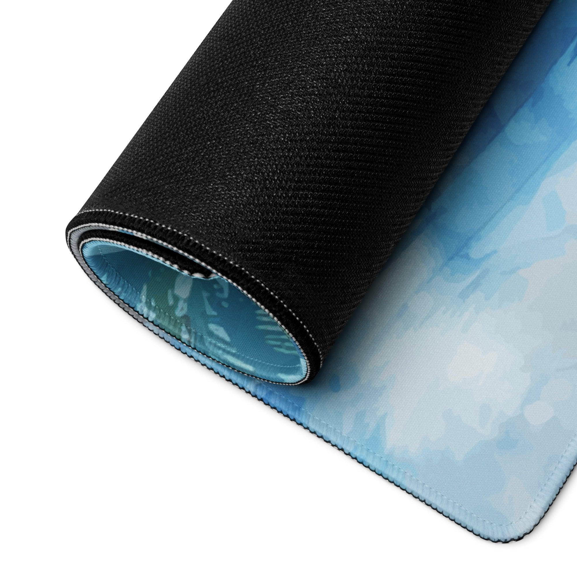 Rolled-up Coastal Paradise blue ocean beach gaming mouse pad with textured edge