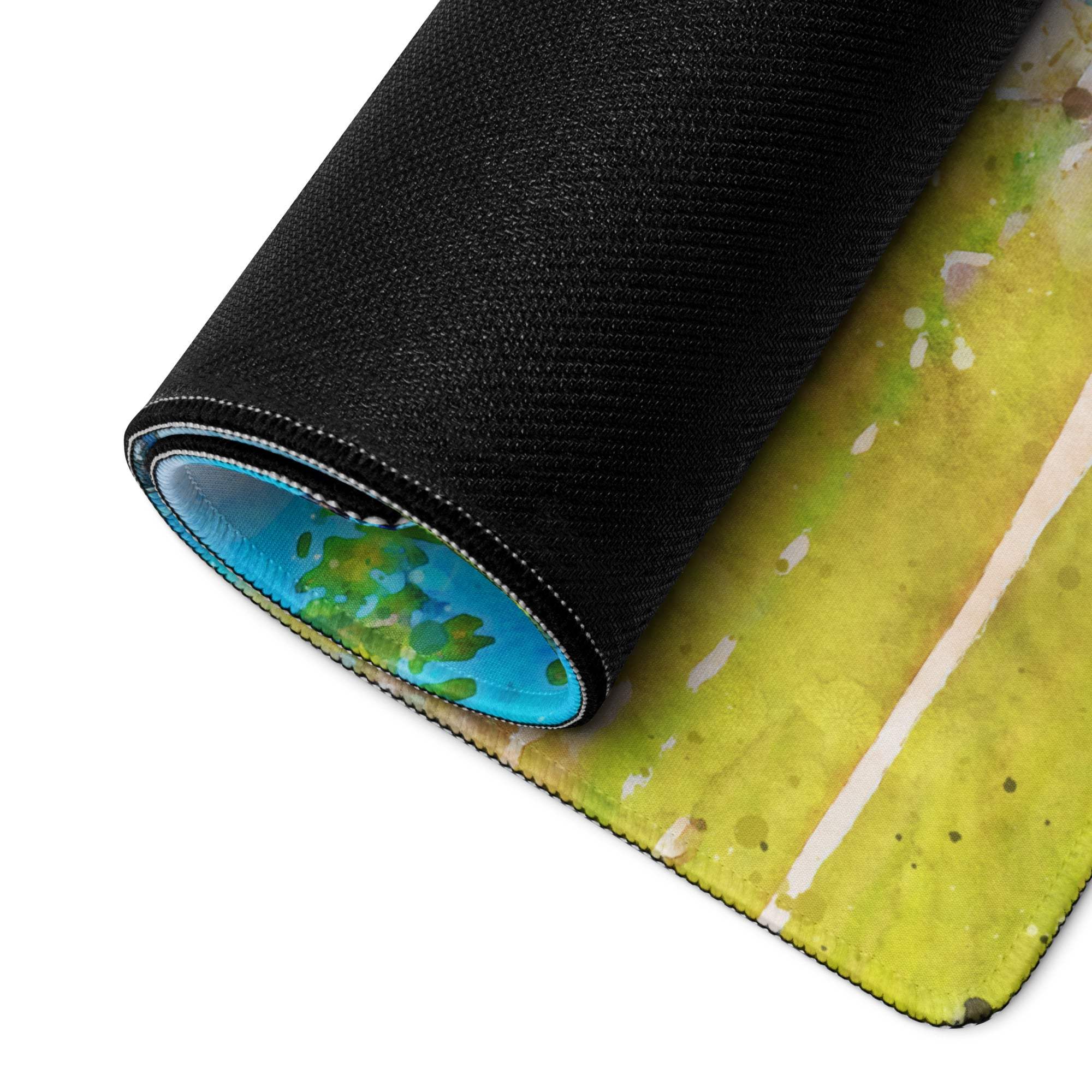 Rolled watercolor beach ocean blues gaming mouse pad with vibrant yellow green splashes