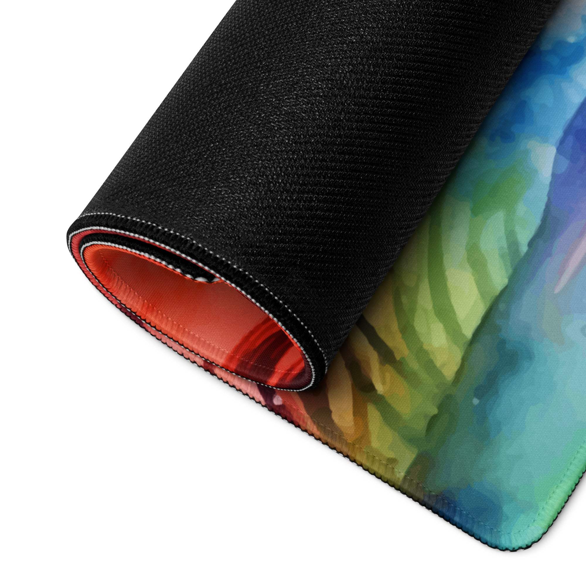 Rolled-up Vibrant Rainbow Watercolor Oasis gaming mouse pad with black textured underside