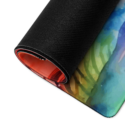 Rolled-up Vibrant Rainbow Watercolor Oasis gaming mouse pad with black textured underside