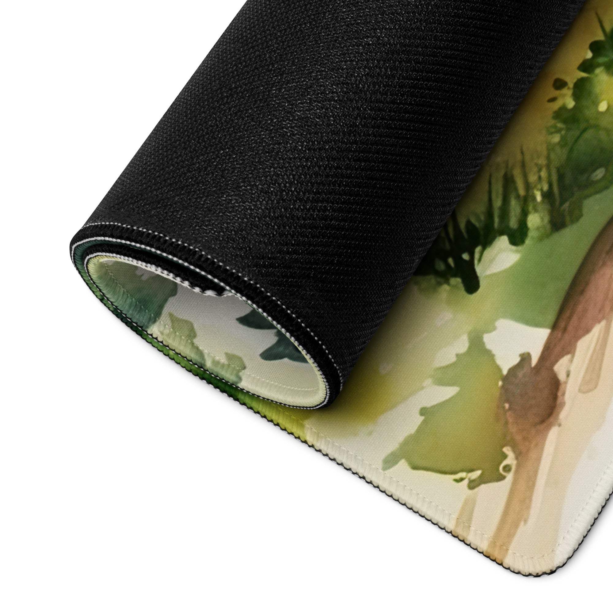 Large forest watercolor gaming mouse pad rolled up with non-slip backing