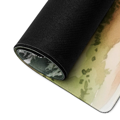 Black rolled-up watercolor forest gaming mouse pad in green beige pink tones