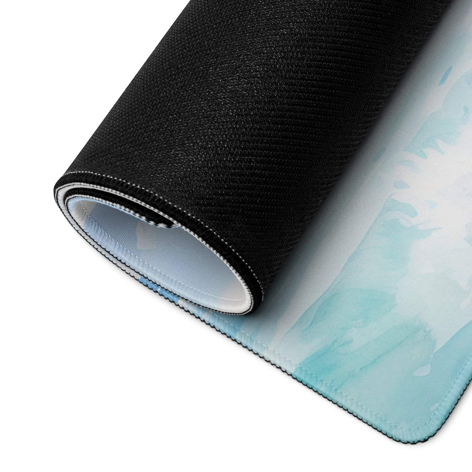 Rolled-up watercolor coastal lighthouse blues gaming mouse pad large