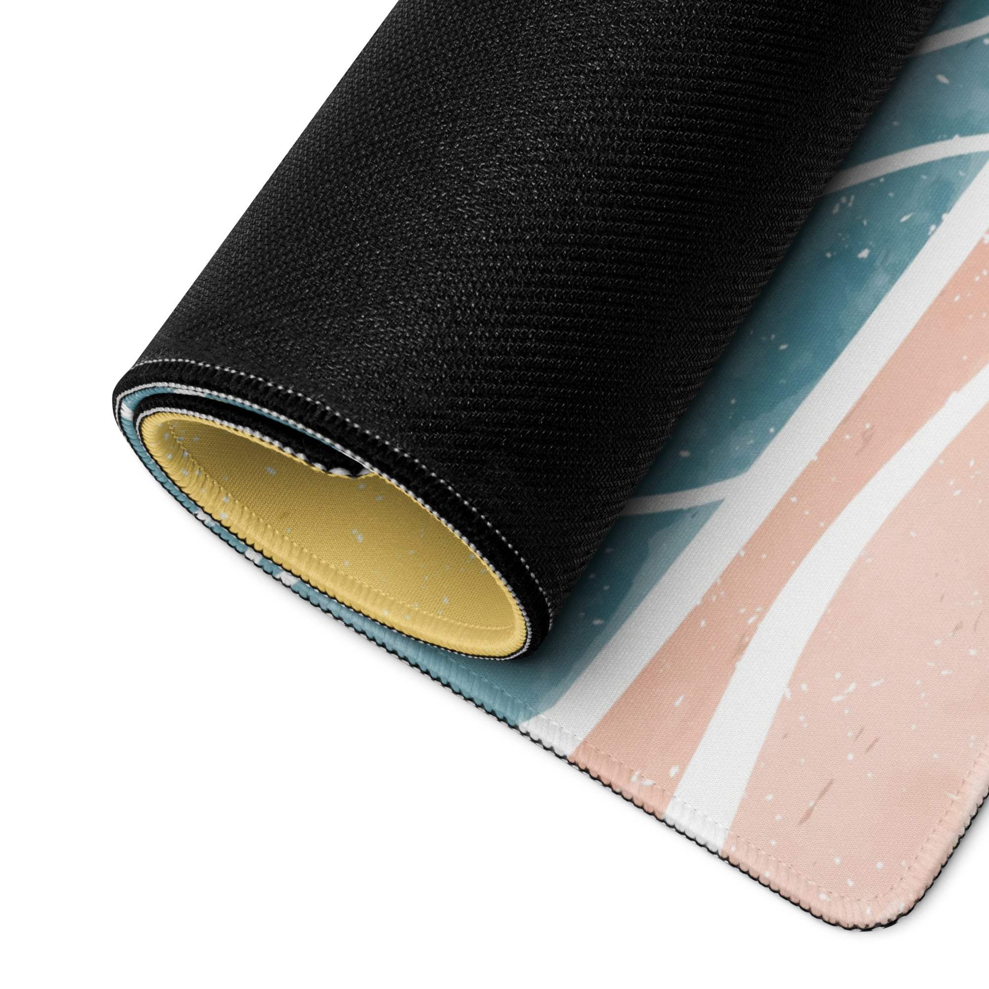 Rolled-up Sunset Ocean Waves gaming mousepad with teal peach pastel stripes