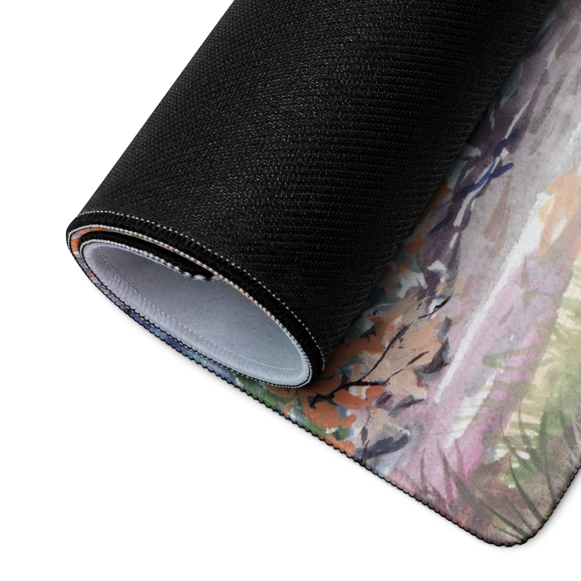 Watercolor forest landscape large gaming mouse pad with black textured rolled edge
