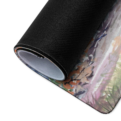 Watercolor forest landscape large gaming mouse pad with black textured rolled edge