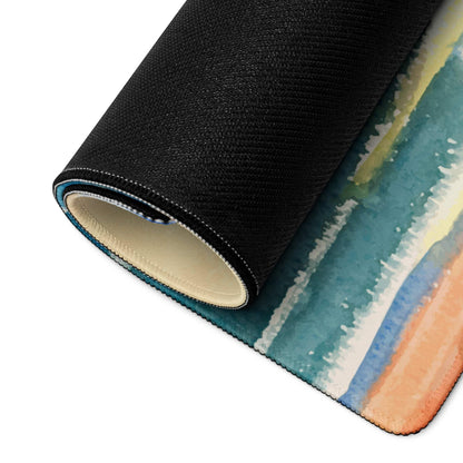 Rolled watercolor seascape rug in teal blue yellow orange on black textured backing