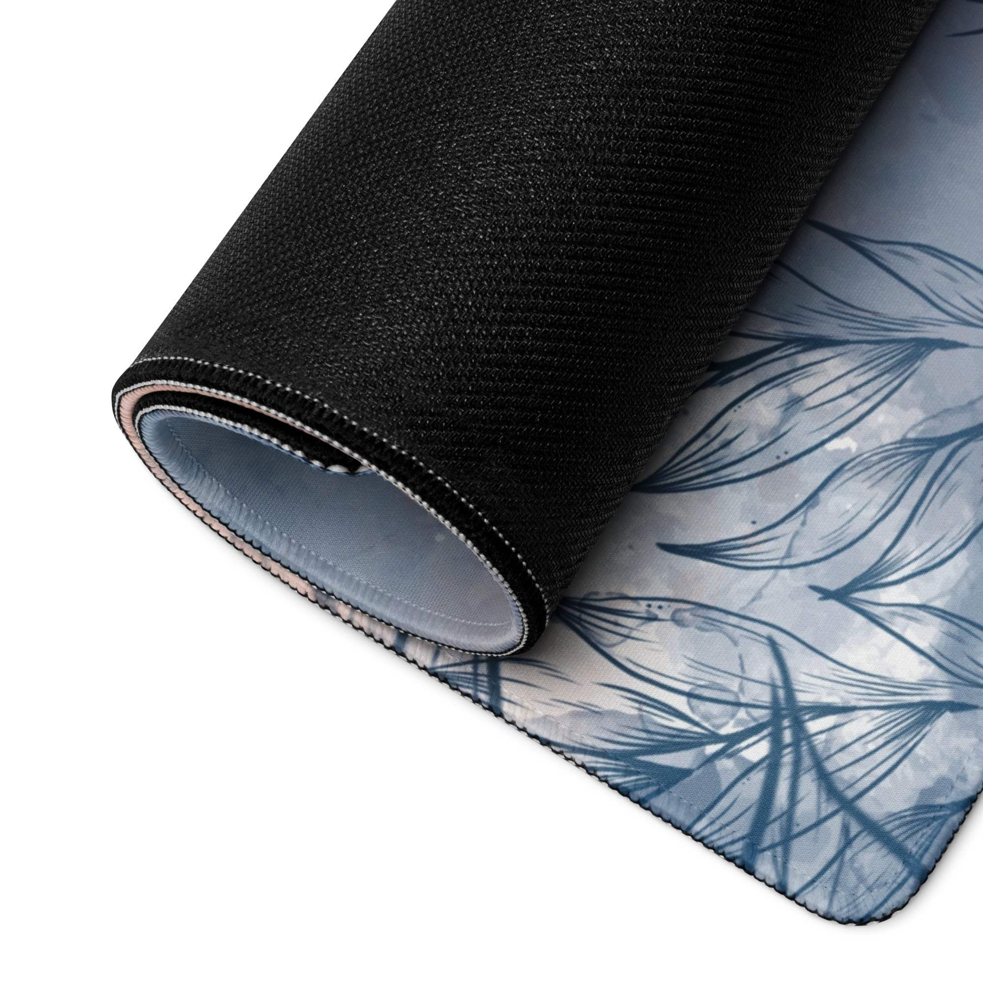 Rolled-up Floral Abstract Blue Peach Dream gaming mouse pad with blue feather design