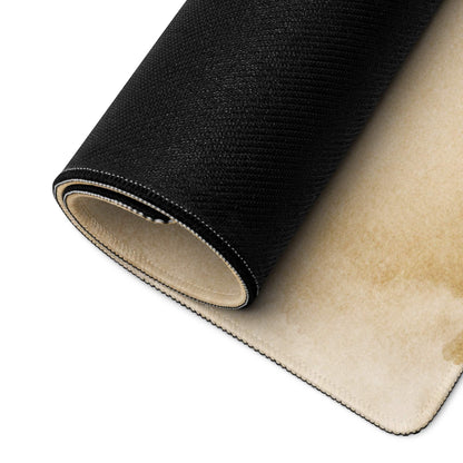 Back side of watercolor beige gaming mouse pad: black textured carpet roll, beige plush underside, stitched edges