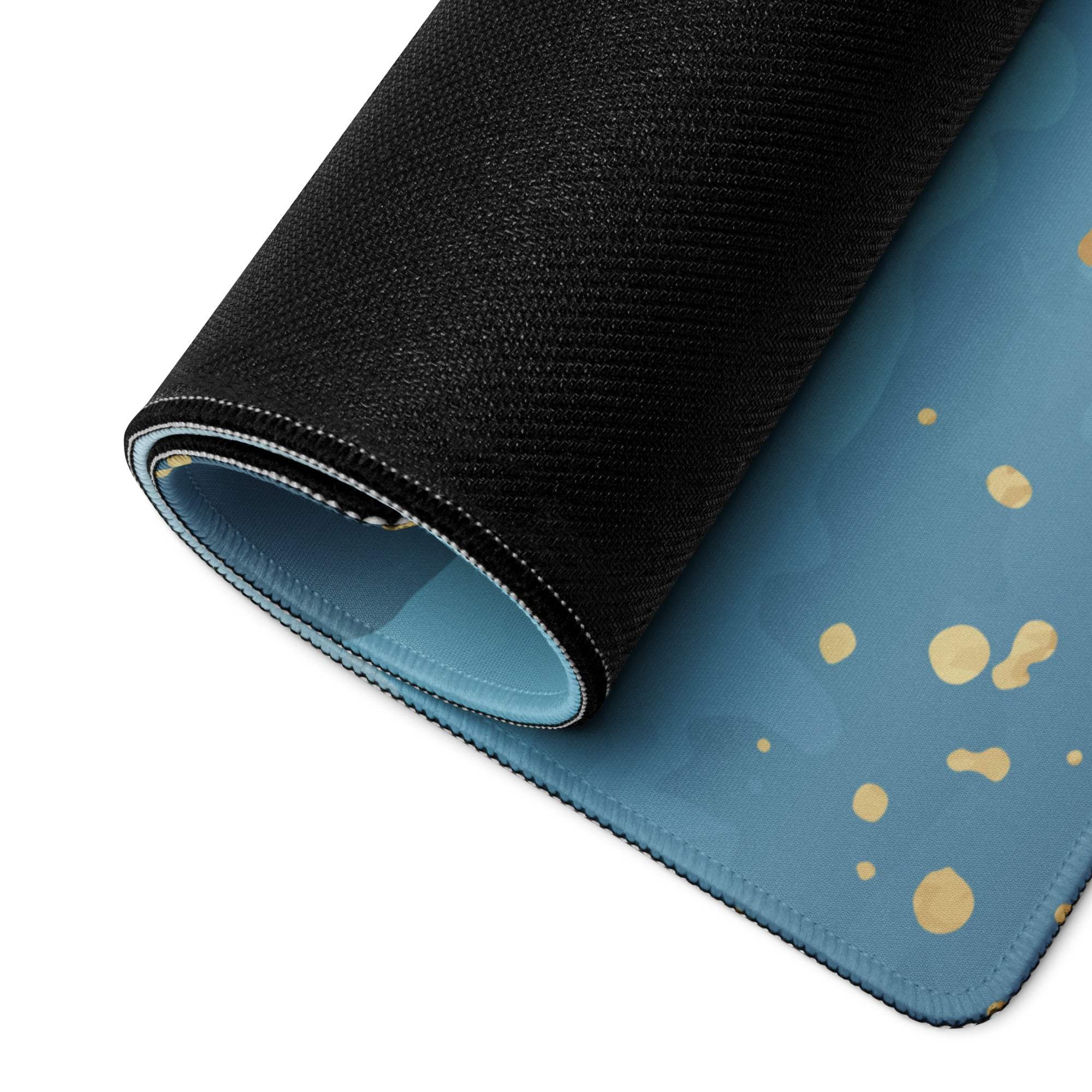Abstract calm oceanic blue gradient gaming mouse pad with gold splatter and black border