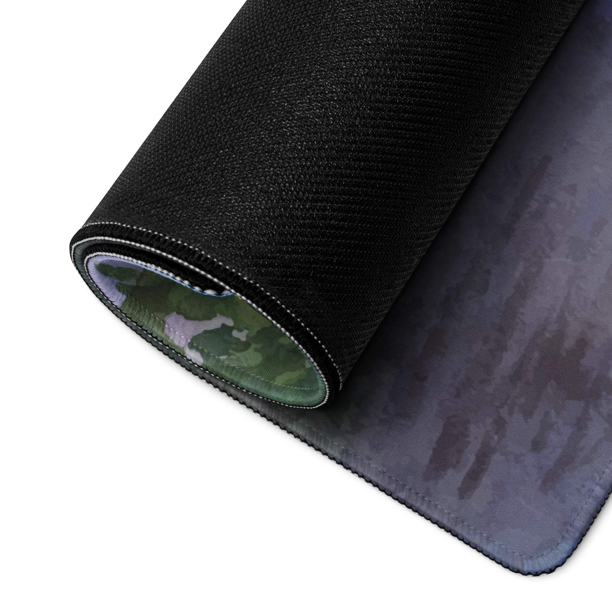 Back side of watercolor landscape pastel gaming mouse pad with black textured camouflage non-slip base