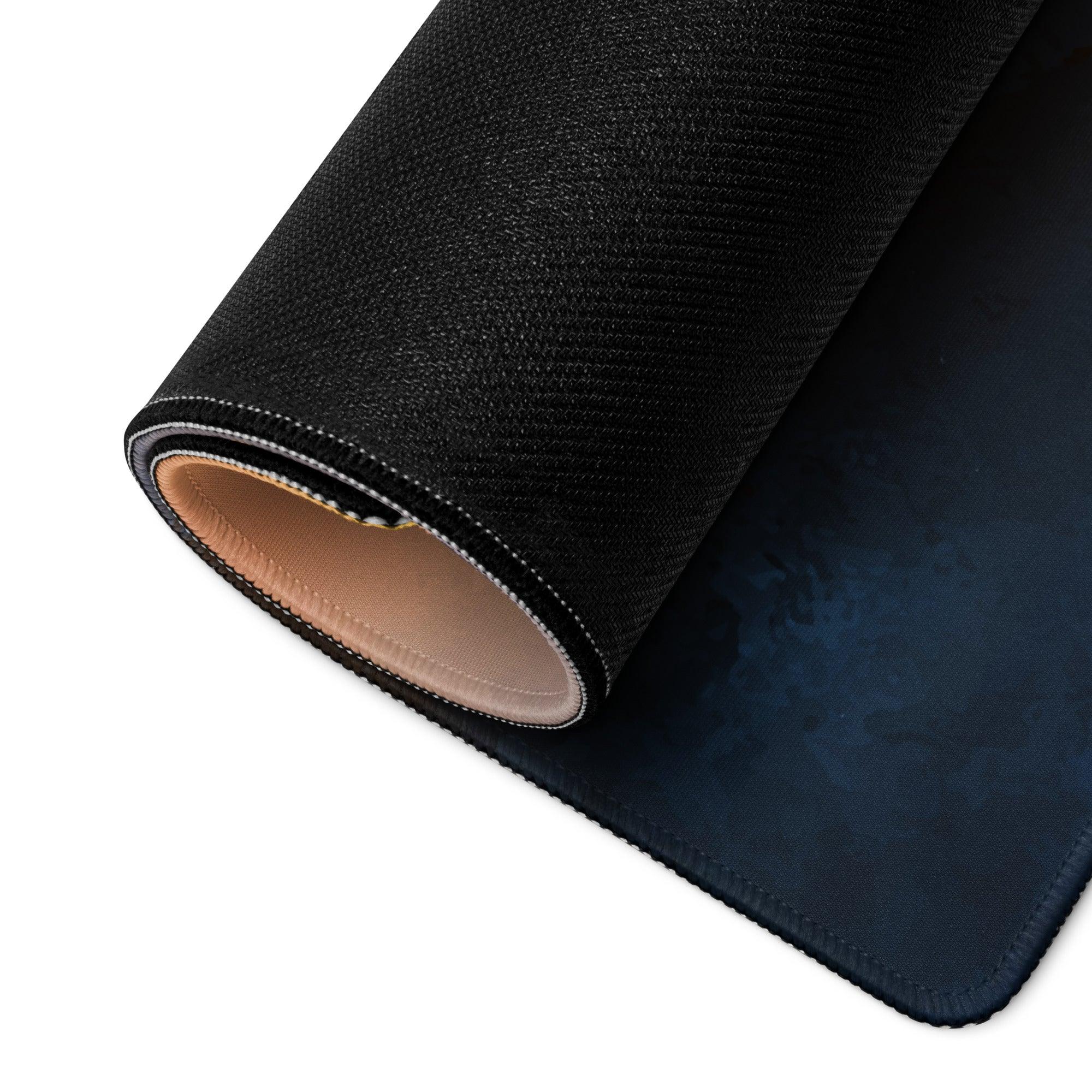 Large Sunrise Fog gaming mouse pad with black textured navy gradient and tan leather lining