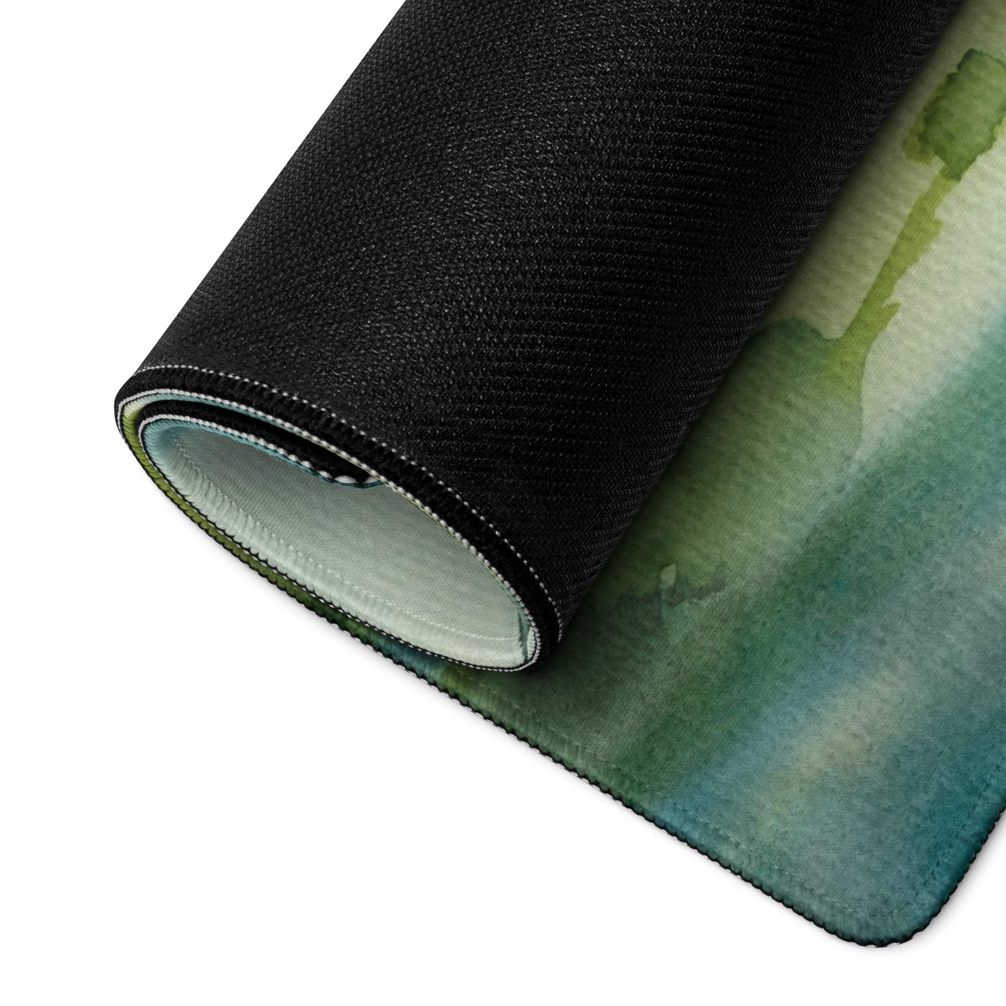 Rolled-up watercolor mountain landscape gaming mouse pad in green teal