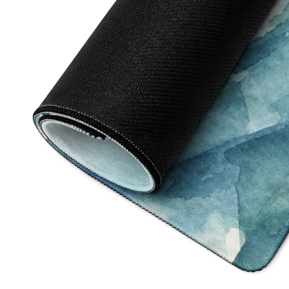 Rolled-up watercolor mountain range blue gaming mouse pad with stitching
