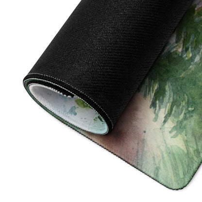 Rolled black watercolor mountain forest gaming mouse pad, blue green tones