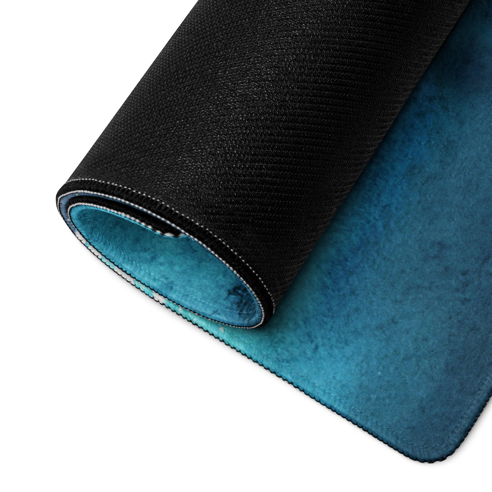 Black and teal watercolor ocean waves gaming mouse pad with non-slip backing