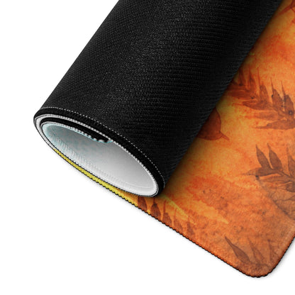 Rolled-up Autumn Leaves gaming mouse pad with orange brown leafy design