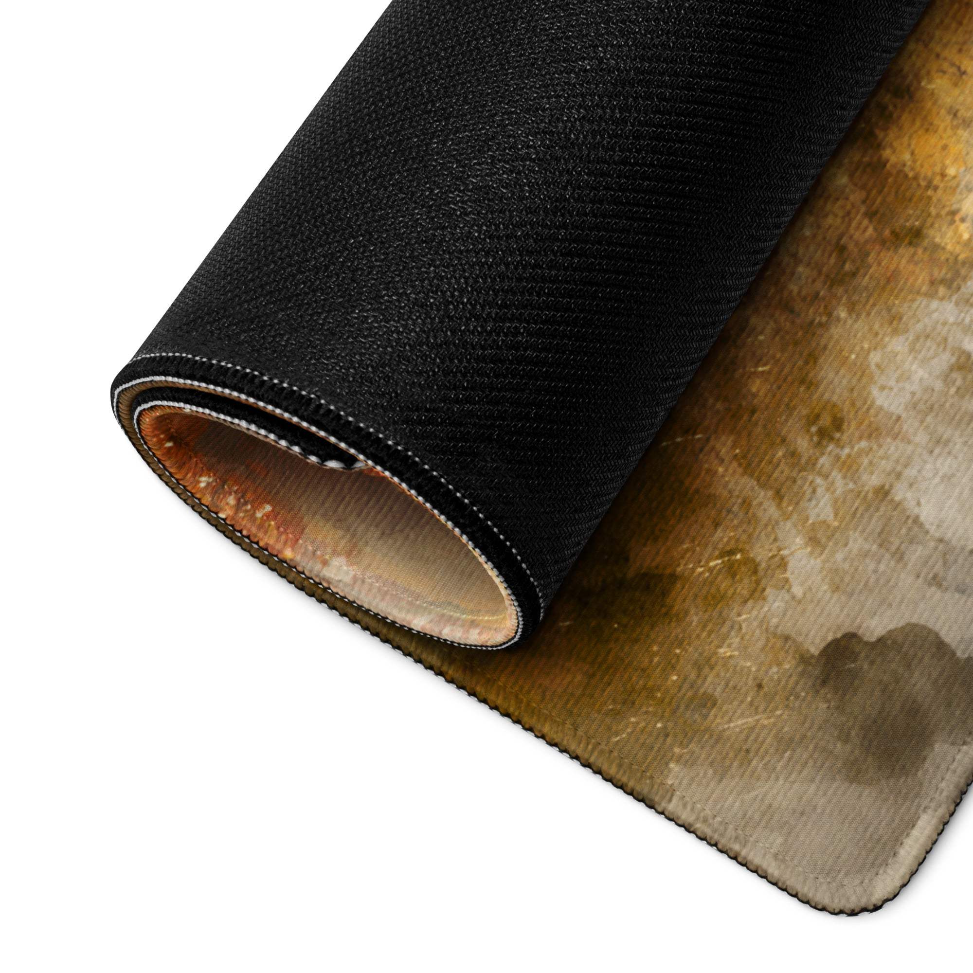 Large watercolor autumn forest path gaming mouse pad with black textured rolled edge and non-slip base