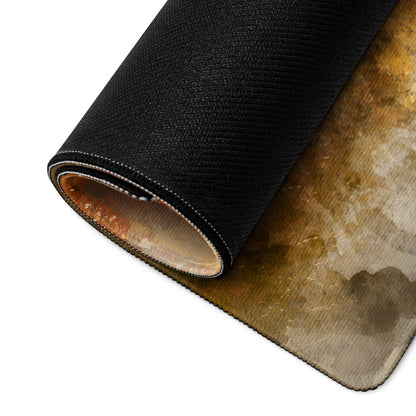 Large watercolor autumn forest path gaming mouse pad with black textured rolled edge and non-slip base