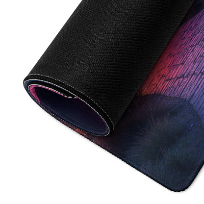 Dreamy purple pink cherry blossom night gaming mouse pad with vibrant gradient, textured black base, large size, edge stitching, non-slip