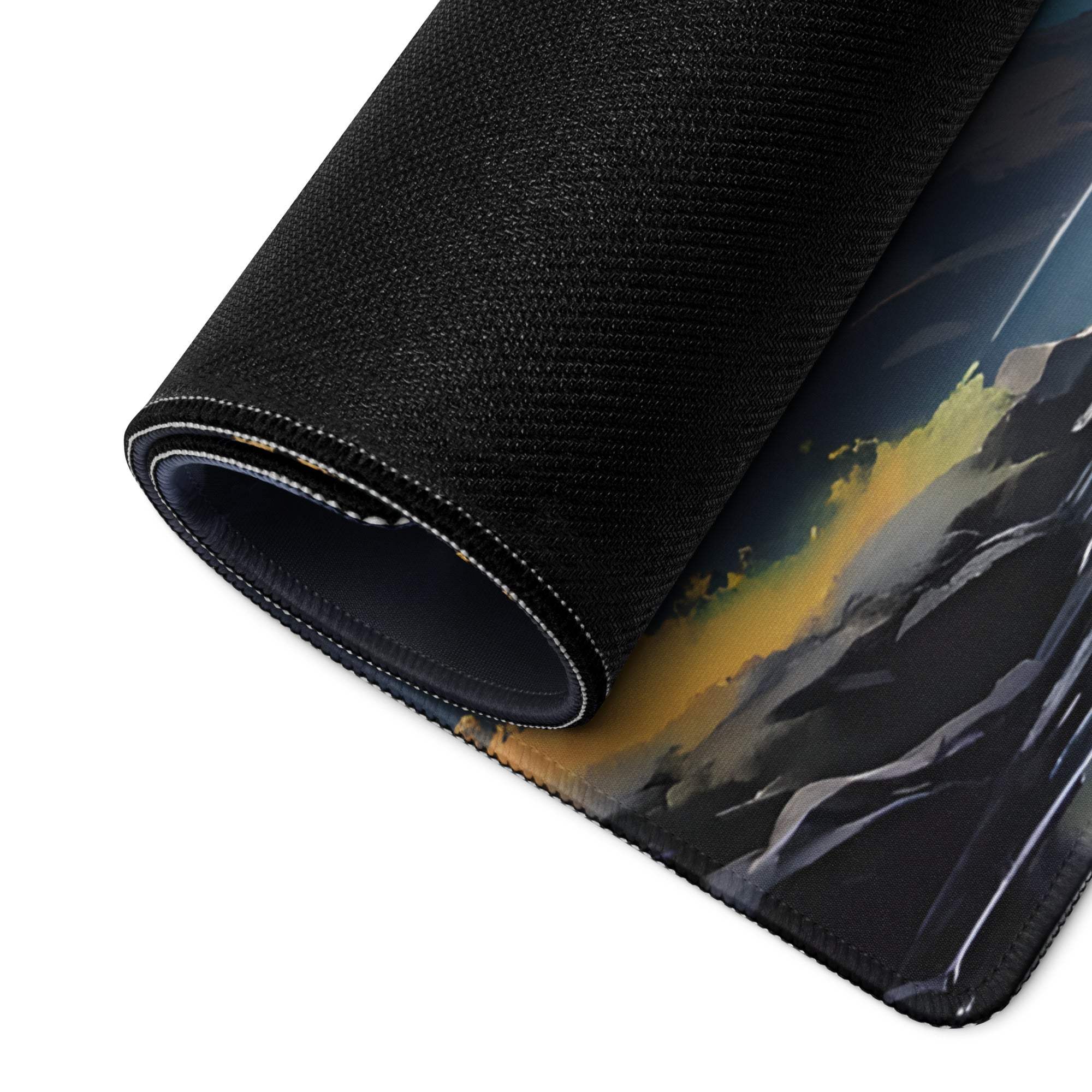 Dreamy fantasy waterfall moonlit gaming mousepad with black textured mountains