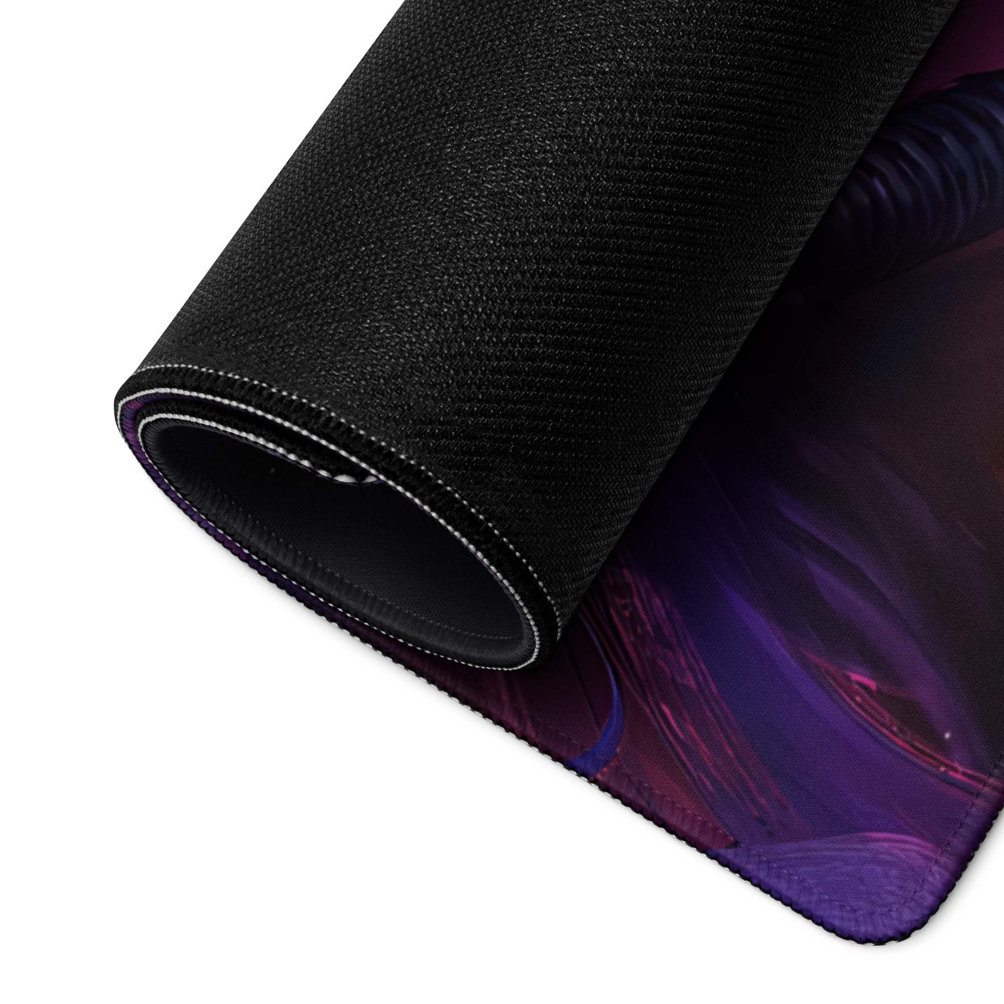 Cyberpunk neon purple portrait gaming mouse pad with black textured non-slip base