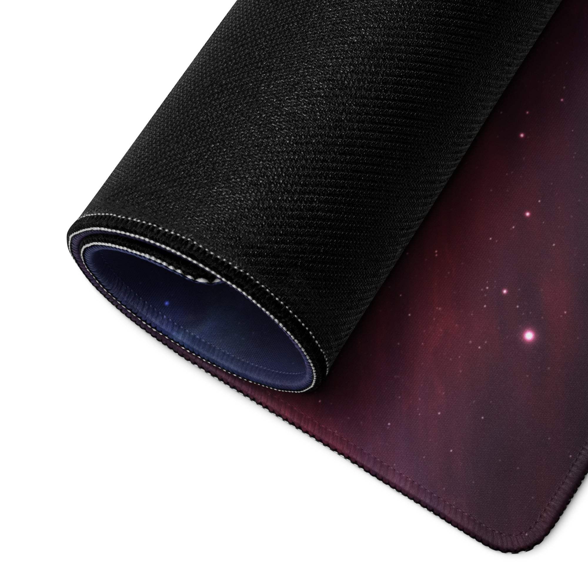 Black cosmic galaxy nebula mousepad with vibrant aurora, edge stitching