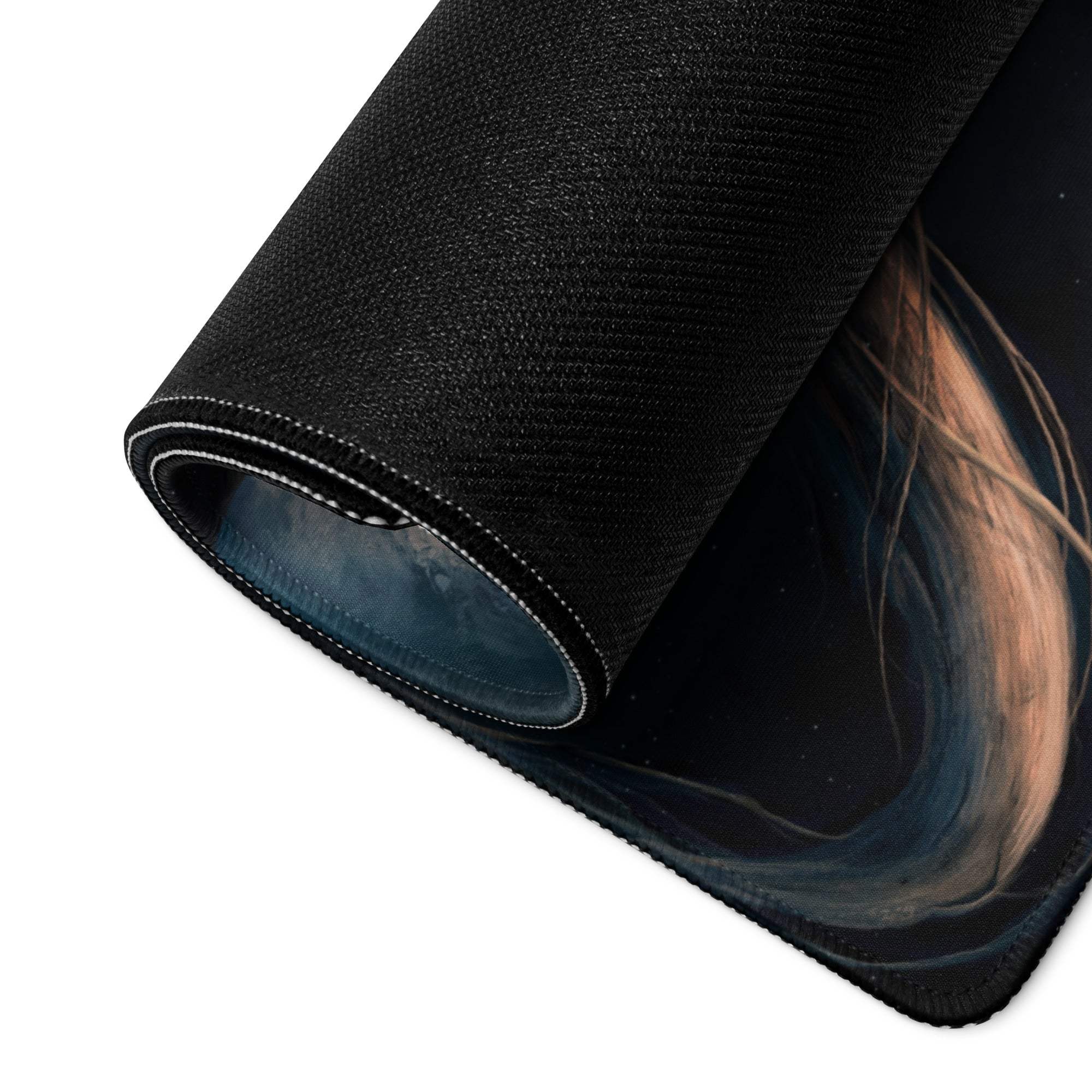 Black textured cosmic nebula gaming mouse pad with non-slip backing