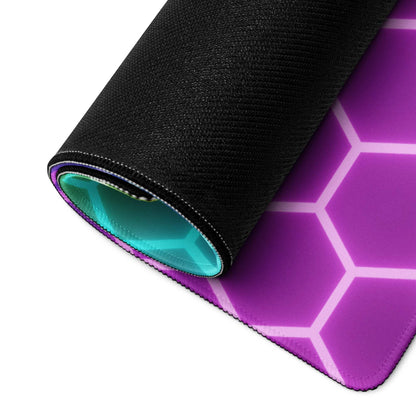 Purple hexagonal RGB gaming mousepad with black outer layer and teal lining